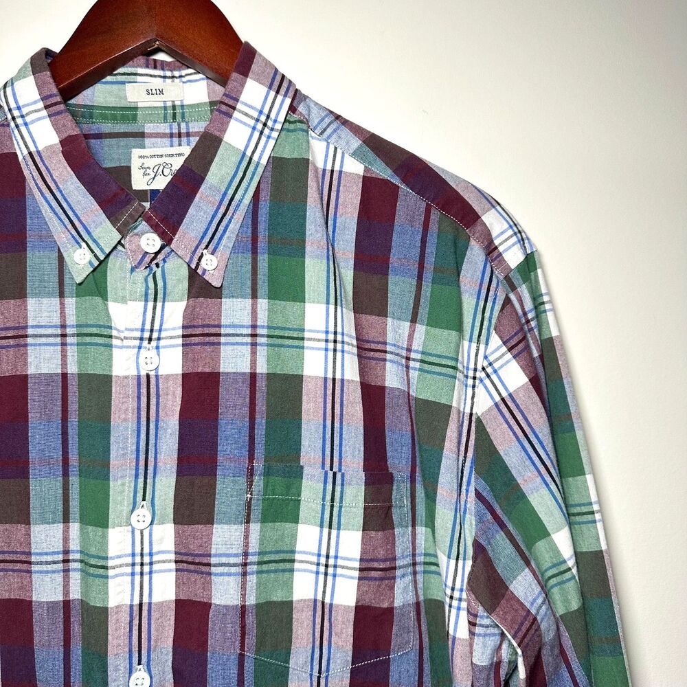 J.Crew Mens Slim Fit Plaid Shirt XL Green Red Blue Button Down Cotton Casual
